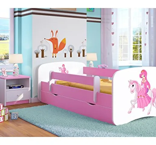 Bjird Letto per Bambini Singolo Rosa 140x70 160x80 180x80 con sponda anticaduta con barrie...