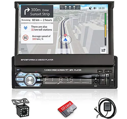 Hikity Autoradio 1 Din con Navi 7 Pollici Motorizzato Schermo, Stereo Auto Bluetooth con R...