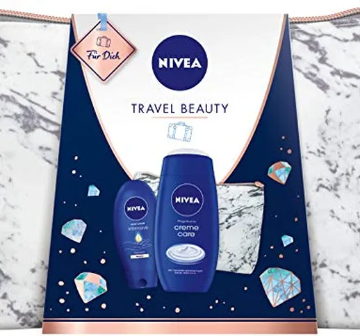 Nivea Travel Beauty, set regalo da viaggio con borsa da toilette, doccia e crema per le ma...