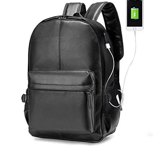 KSIBNW Uomo Zaino Porta PC 15,6" Pollici Borsa da Scuola in PU Pelle Impermeabile Daypack...