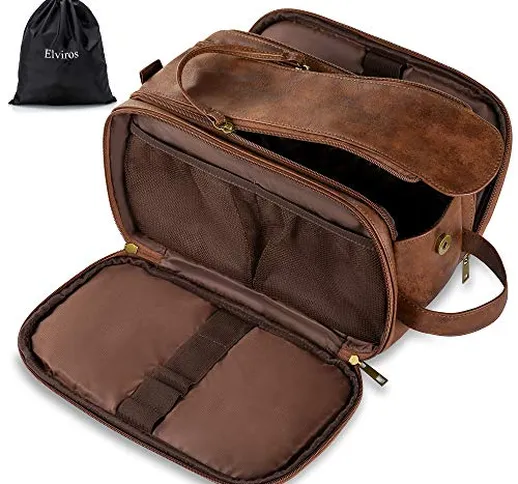 Elviros Borsa da Toilette grande da Viaggio per Uomo Beauty case Borsa in pelle resistente...