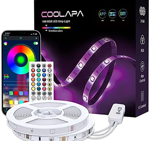 Striscia LED 10M, COOLAPA LED Striscia controllata App e Telecomando, 12V RGB 5050, Funzio...