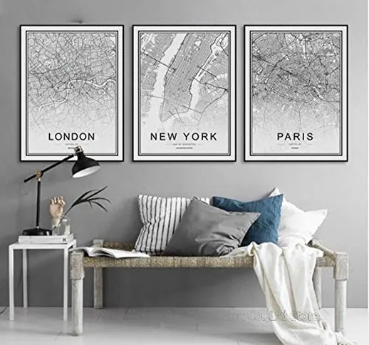 SHINERING Mappa della Città del Mondo Parigi Londra New York Poster Stile Nordico Bianco e...