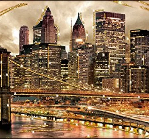 Deco Italia Quadro Moderno New York con Glitter Oro – Bridge at Night | 143 x 77 cm