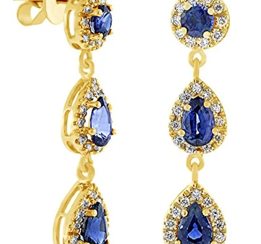 Orecchini pendenti in oro bianco massiccio 585 da 14 kt con zaffiri blu e diamanti natural...