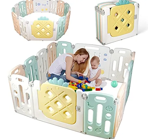 Box per Bambini, 12 + 2 Pannelli Barriera di Sicurezza in Plastica Ecologica e Atossica, G...