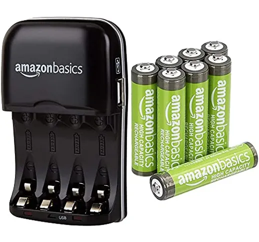 Amazon Basics - Carica batterie con porta USB per batterie Ni-MH AA e AAA & Batterie AAA r...