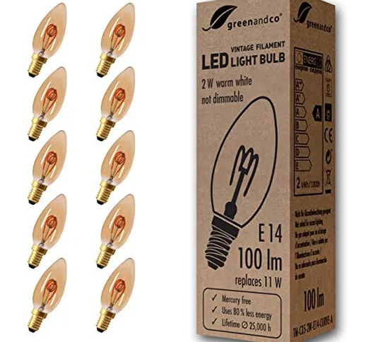 10 lampadine a filamento LED greenandco® Vintage E14 2W (equivalente a 11W) 100lm 2000K (b...