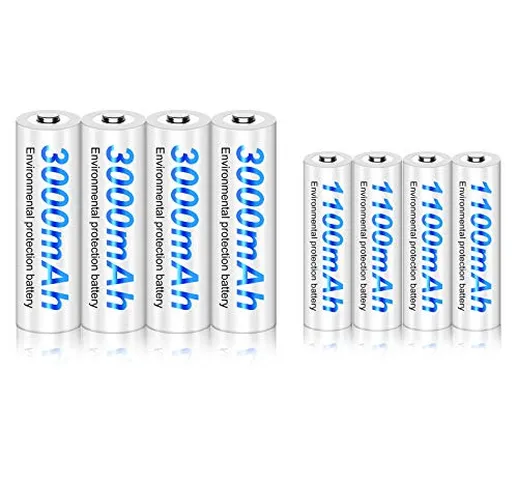 PALO 8pcs AA AAA NiMH Batterie Ricaricabili, 4 x 3000mAh Batterie AA Bundle con 4X 1100mAh...