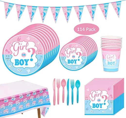 Amycute 114 Pezzi Kit Baby Shower Gender Reveal Stoviglie Boy or Girl, con Bicchieri di Ca...