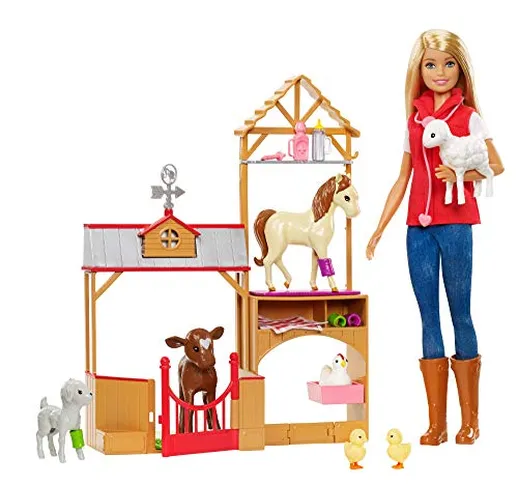 Barbie GCK86 Dolce Frutteto Fattoria Bionda Bambola e Playset con 7 Animali