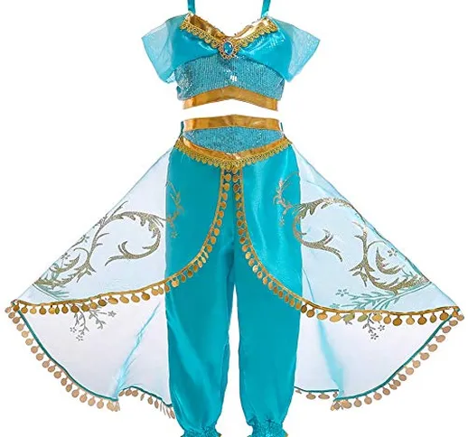 OwlFay Vestito Principessa Jasmine Bambina Costume da Carnevale Regazze con Fascia e Mante...