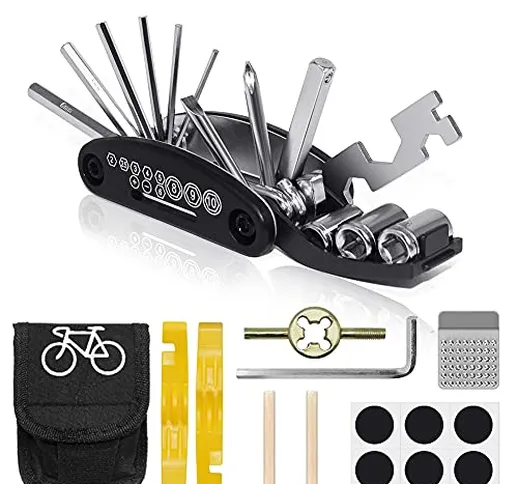 VICKSONGS Kit Riparazione per Bici, Kit Riparazione Camera d'aria Bici, 16 in 1 Attrezzo M...