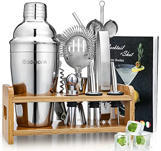 Godmorn Cocktail Shaker Set,14 + 1 Pezzi Kit da Barman in Acciaio Inox,Set di Strumenti Ba...