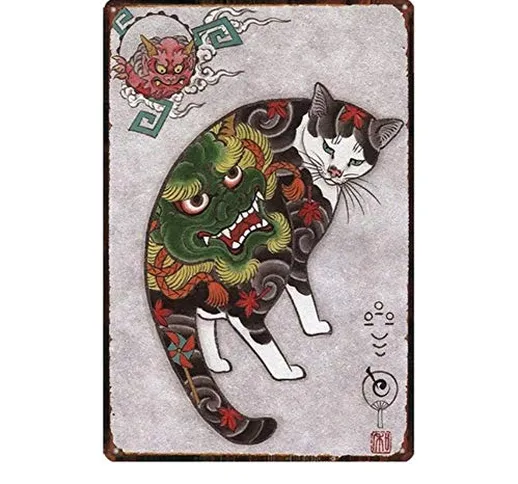 TTJX Samurai Cat Tattoo Cat Pet Retro Board Wall Art Retro Home Decoration Frameless l A,...