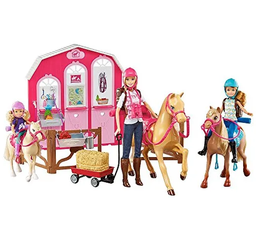 Mattel - DMR52 - Playset BARBIE Ranch Stalla e Attrezzature 17 pezzi 3 Bambole e 3 cavalli...