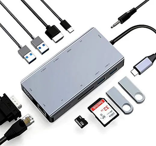 ABLEWE Hub USB C 11 in 1,USB C Adattatore con HDMI 4K,2 USB 3.0,2 USB 2.0,VGA,PD Porta,Let...