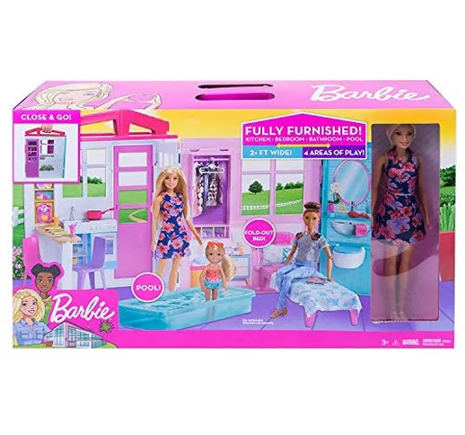 MATTEL. Casa delle Bambole Compatibile con Barbie Loft con Bambola Piscina e Accessori Gio...