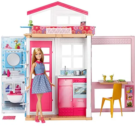 Barbie- Casa a 2 Piani con Bambola Barbie e Accessori, Giocattolo per Bambini 3+Anni, GXC0...