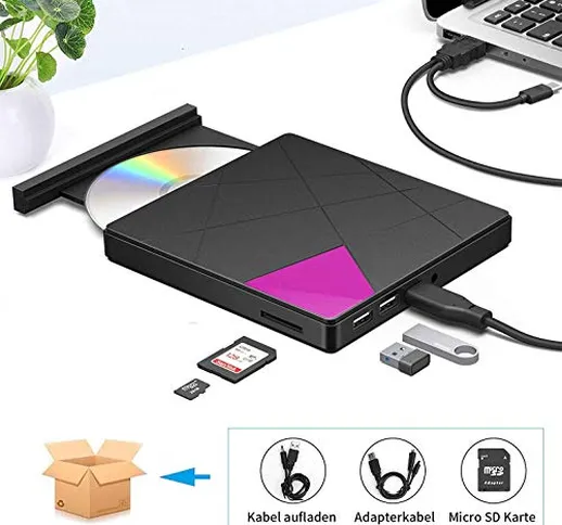 Masterizzatore Dvd CD Externo, USB 3.0 Type C unità Dvd Esterna Portatile con Lettore Sche...