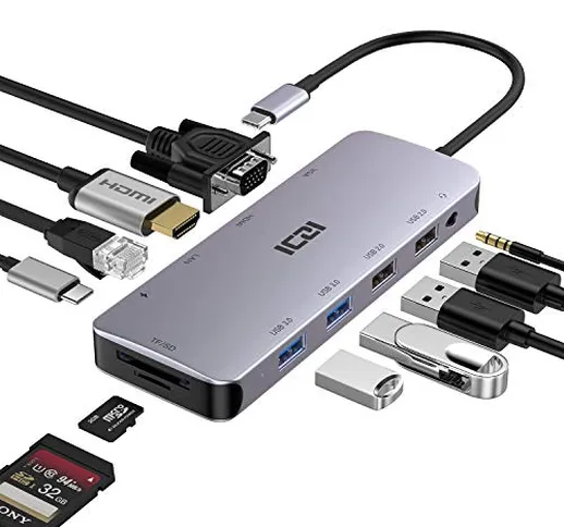 ICZI Hub USB C, 11 in 1 Adattatore Tipo C (Thunderbolt 3) con HDMI, VGA, PD 100W, Ethernet...