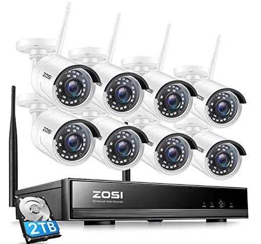 ZOSI Kit Videosorveglianza Wireless 8CH 1080p H.265+ NVR di Sorveglianza da 2TB e 8 Teleca...