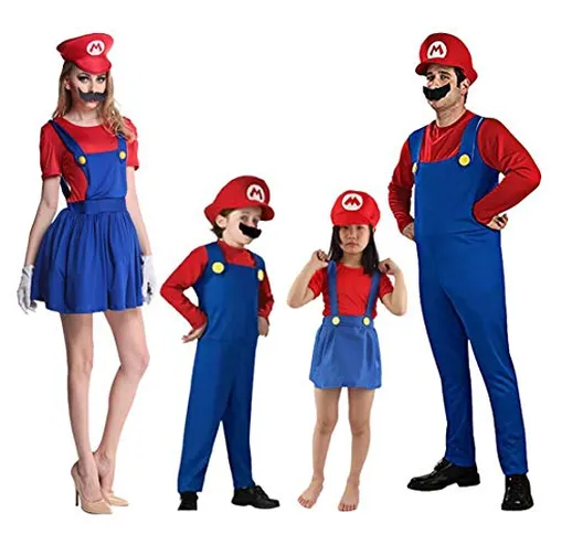 Hivia Costumi di Famiglia Set Costumi di Carnevale Super Mario Luigi per Bambini Adulti Fe...