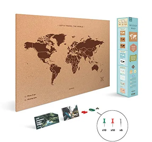 Miss Wood Map XL, Mappa del mondo di Sughero, 90 x 60 cm
