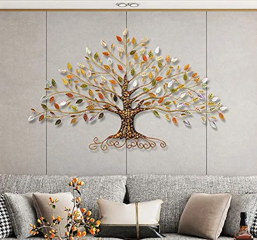 Decorazione da parete in metallo, albero della vita con foglie in oro / verde / cristallo...
