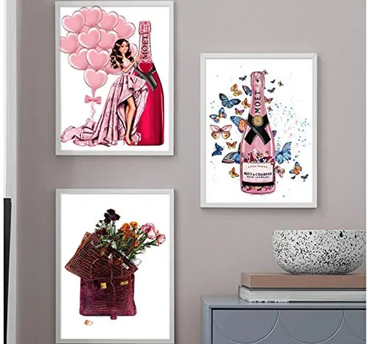 Caomei Fashion Girl Bag Balloon Champagne Salon Wall Art Print Canvas Painting Nordic Post...