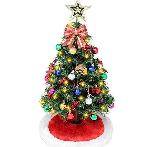 Joiedomi Albero di Natale da tavolo preilluminato da 61 cm con gonna per albero e kit di d...