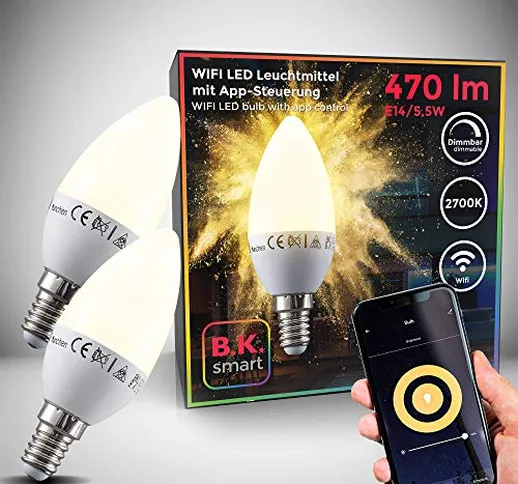 Lampadine LED smart E14, set di 2, dimmerabili con lo smartphone, luce calda 2700K, funzio...