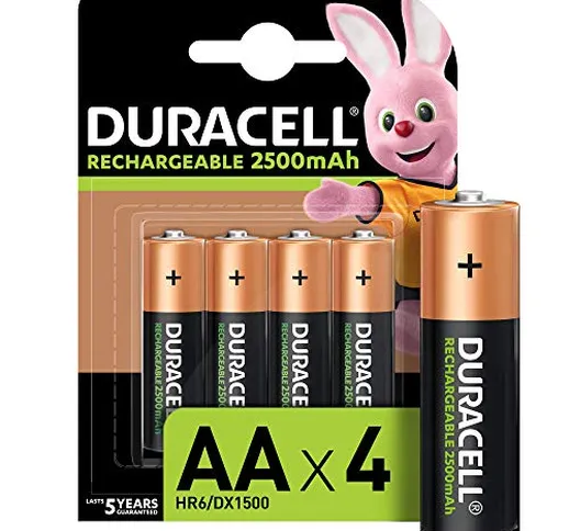 Duracell - Rechargeable AA 2500mAh Prericaricate, Batterie Stilo Ricaricabili 2500 mAh, co...