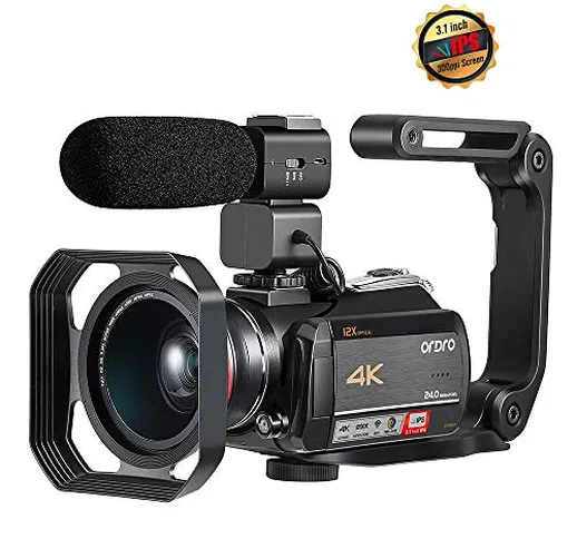 Videocamera 4K, Touch Screen ORDRO 4K Ultra HD IPS WIFI da 3,1 Pollici, Zoom Ottico 12x Ca...