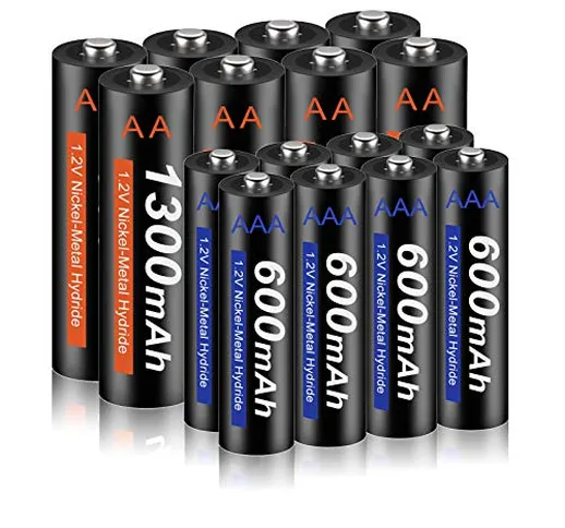 CITYORK Pile Ricaricabili AA 1300mAh + Batterie Ricaricabili AAA 600mah Batterie ad Alta C...