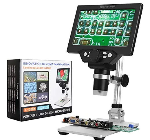Microscopio Digitale LCD 1200X Display, Schermo Ruotabile HD da 7 Pollici, Regolabile con...