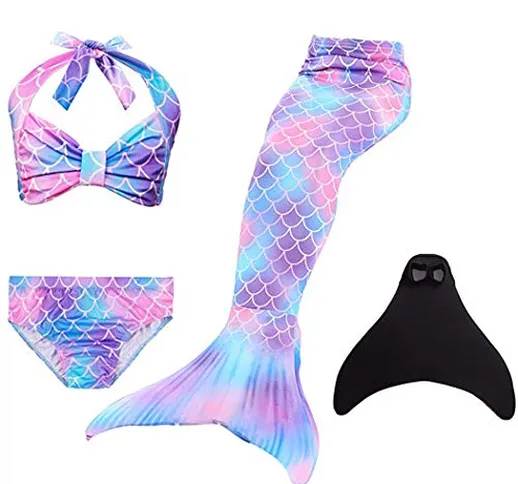 Wishliker - Set da 4 pezzi per costume da sirena, da bambina, con coda da sirena e bikini...