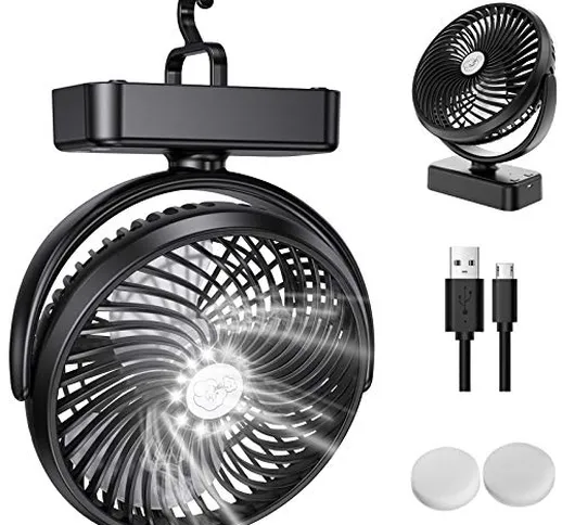 ZEBRE Ventilatore USB, 5000mAh Ventilatore Campeggio Portatile con Luce LED e Gancio, Rota...