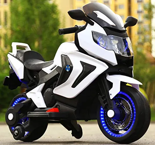 FP-TECH Moto ELETTRICA per Bambini Motocicletta 2 POSTI 12V con USB MP3 LED (Bianco)