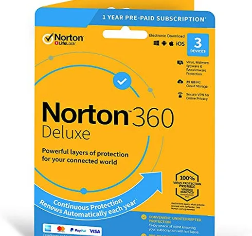 Norton 360 Deluxe 2020 | 3 Dispositivi | 1 Anno | Include VPN e password manager | PCs, Ma...