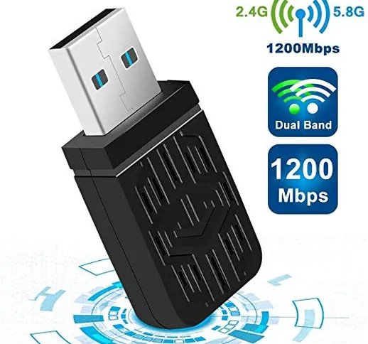 Adattatore Antenna WiFi USB, USB3.0 Chiavetta WiFi 1200Mbps 802.11AC Dual Band 2.4G/5.8G W...