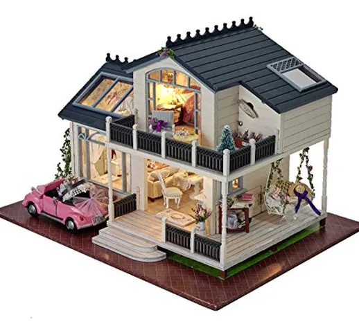 Kit per casa delle bambole fai da te in miniatura, in legno, fatta a mano, modello Villa i...
