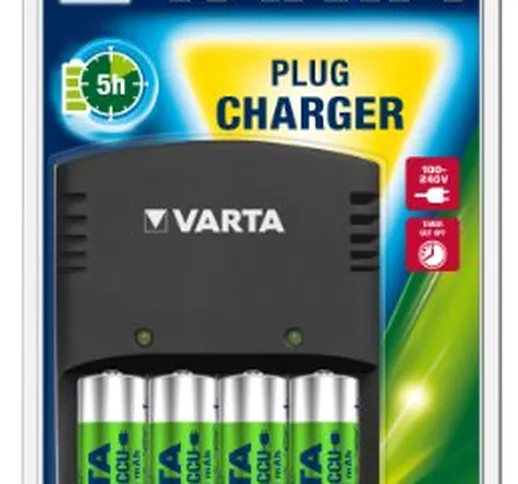 Varta Plug Charger Caricatore con 4 Batterie AA da 2100 mAh, R2U, Nero