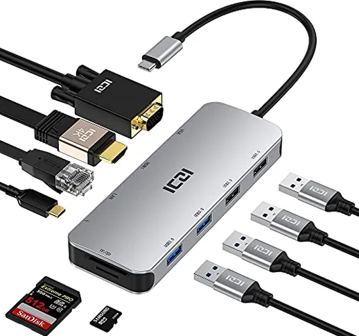 Hub USB C ICZI 10 in 1 Adattatore USB C HDMI 4K VGA PD 100W 1Gbps Ethernet Porta SD/TF 4 U...