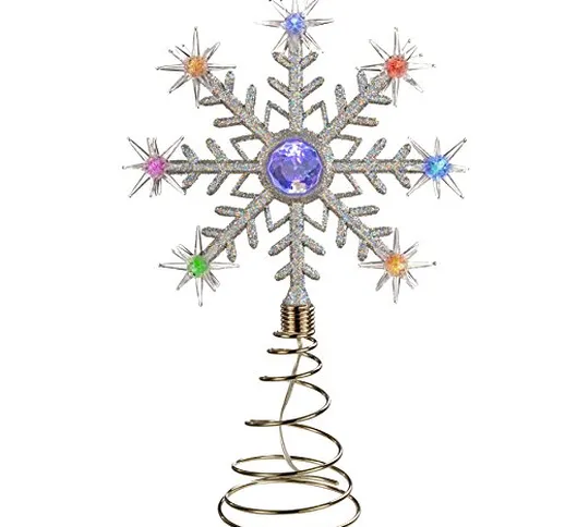 Puntale per albero di Natale, cambia colore, con luci LED a fiocchi di neve