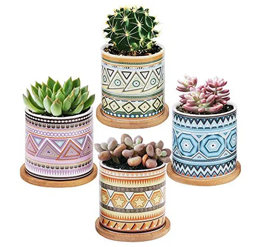 CNNIK 7cm Vaso Ceramica, Succulente Vaso per Piante con Motivo a Mandala e Vassoio in bamb...