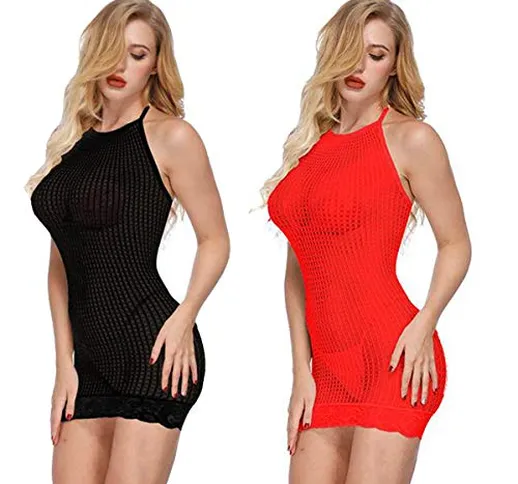 LOVELYBOBO 2-Pack Vestito Erotico Donna Sexy a Rete Fishnet a Strisce da Donna Mini Bianch...