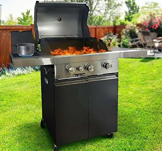 BAKAJI Barbecue a Gas e Pietra Lavica 3 Fuochi Bruciatori 9kw Griglia 59x40cm con Piano d'...