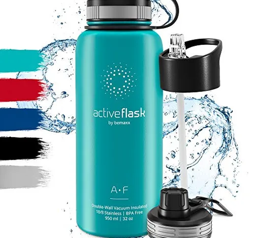 Bottiglia Acqua Termica Inox Active Flask + Cannuccia (3 Tappi), Senza BPA - Thermos 1l/50...