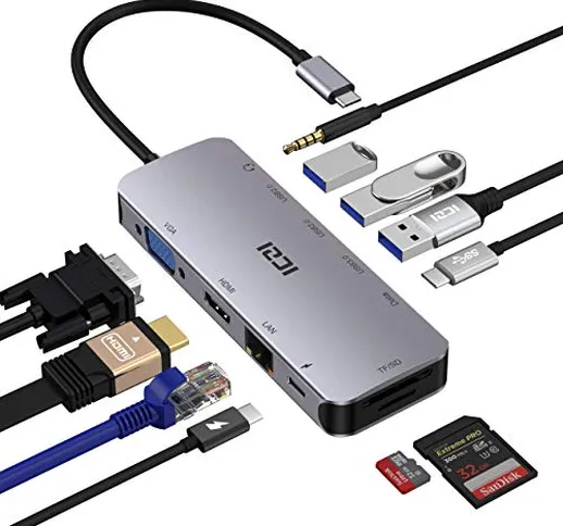 ICZI Hub USB C, 11 in 1 Adattatore Tipo c (Thunderbolt 3) con HDMI, VGA, PD 100W, Ethernet...